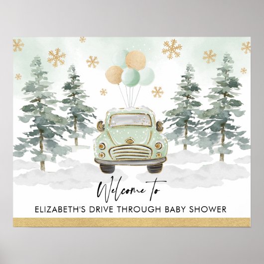 Chique Winter Wonderland Drive-Thru Baby Shower Pa Poster (Voorkant)