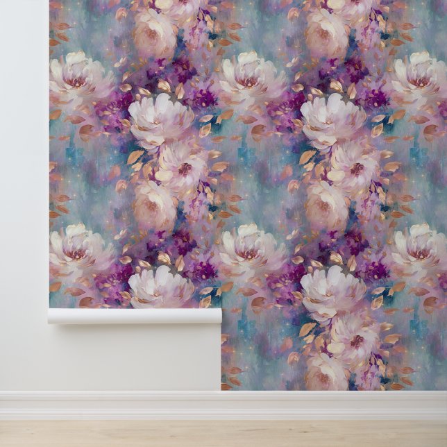 Chique wit blauw Paarse bloemen Behang (Applicatie)