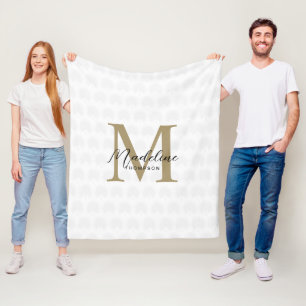 Chique wit goud anahaw blad script monogram fleece deken
