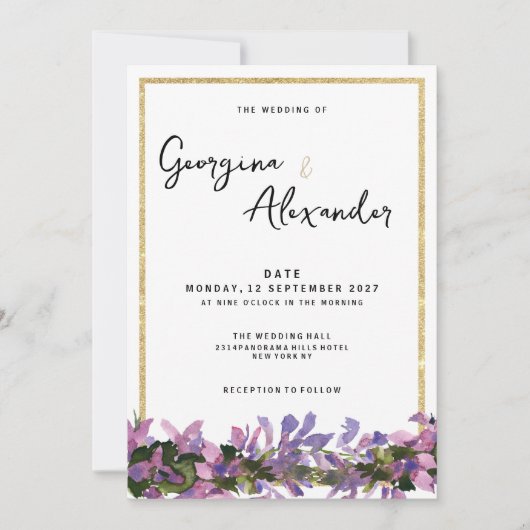Chique wit goud paarse roze groene bloemenbruiloft kaart (Voorkant)