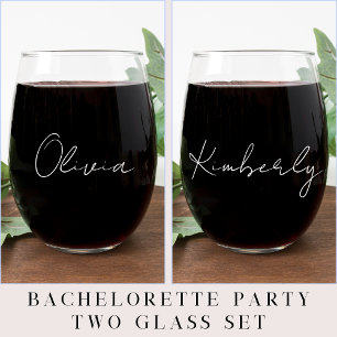 Chique wit script Monogram Bachelorette Party Wijnglas Zonder Voet