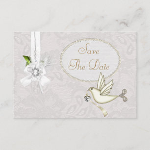 Chique Witte Duif Paisley Kant Save The Date Kaart