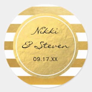 Chique witte en gouden folie gestreepte elegante s ronde sticker