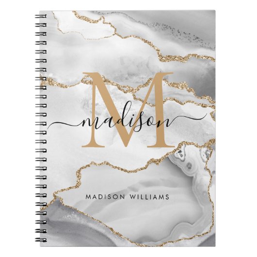 Chique witte gouden glitter agaat monogram script  notitieboek (Voorkant)