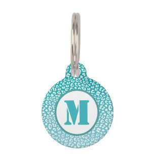 Chique witte luipaardvlekken op turquoise monogram huisdierpenning