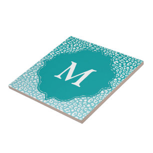 Chique witte luipaardvlekken op turquoise monogram tegeltje