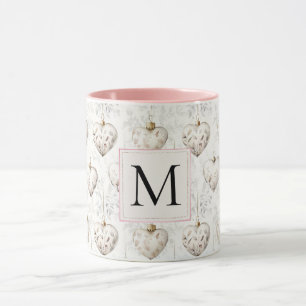 Chique witte roze hart ornamenten monogram mok