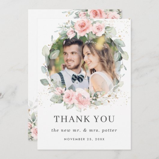 Chique zacht gekleurd blush roze bloemengroen foto bedankkaart (Voorkant / Achterkant)