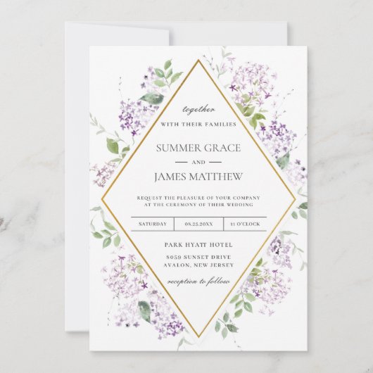 Chique zacht Lila Paarse bloemengroen bruiloft Kaart (Voorkant)