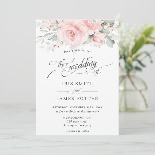 Chique Zachte Blush Roze Bloemen Groen Bruiloft Kaart (Staand voorkant)