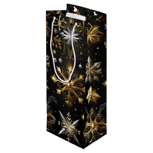 Chique zilver en goud sneeuwvlokken wijn cadeautas (Achterkant Gekanteld)
