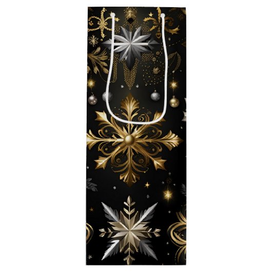 Chique zilver en goud sneeuwvlokken wijn cadeautas (Voorkant)