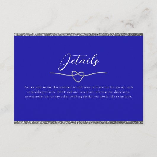 Chique zilver en koningsblauw bruiloft details informatiekaartje (Voorkant)