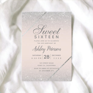 Chique zilveren glinsterend script roze Sweet 16 Kaart