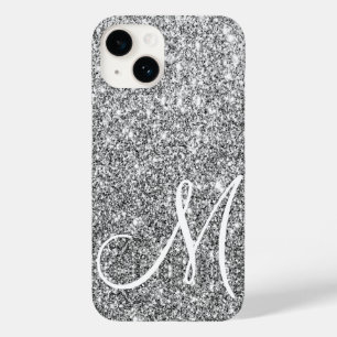 Chique zilveren glitter metallic glans monogram Case-Mate iPhone 14 hoesje