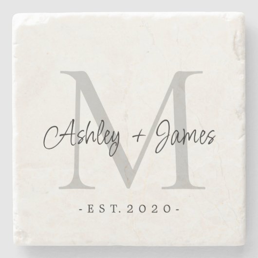 Chique zilveren monogram naam script trouwdatum stenen onderzetter (Voorkant)