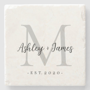 Chique zilveren monogram script namen huwelijksdat stenen onderzetter