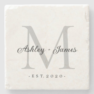 Chique zilveren monogram script namen huwelijksdat stenen onderzetter