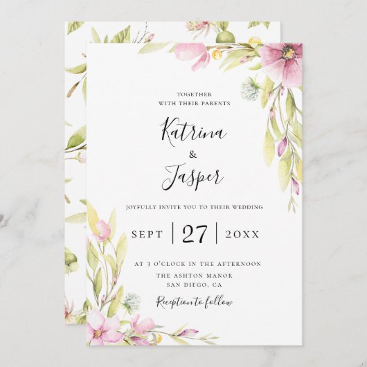 Chique zomer Wildbloemen bruiloft uitnodiging (Voorkant / Achterkant)