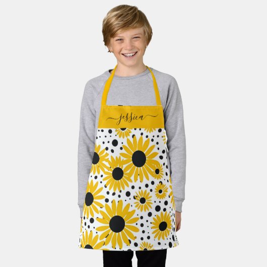 Chique zonnebloem script naam schort (Gedragen)