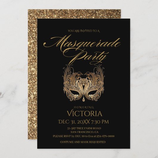 Chique zwart en goud gemaskerd bal verjaardagsfees kaart (Voorkant / Achterkant)