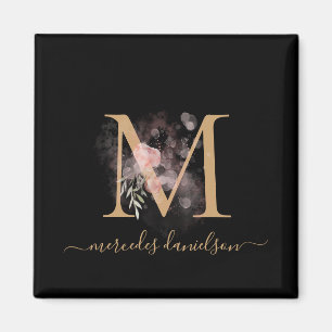 Chique zwart en goud script bloemrijk monogram magneet
