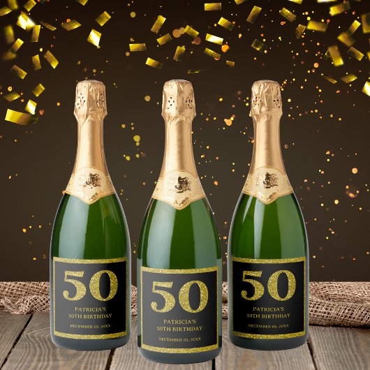 Chique Zwart & Goud Glitter 50ste verjaardag Sparkling Wijnetiket