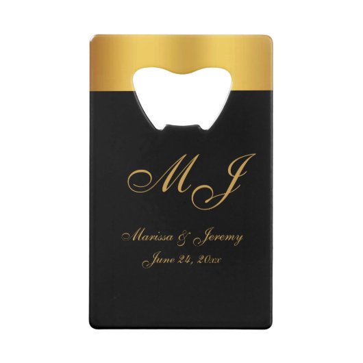 Chique Zwart Goud Monogram Script Bruiloft Kredietkaart Flessenopener (Voorkant)