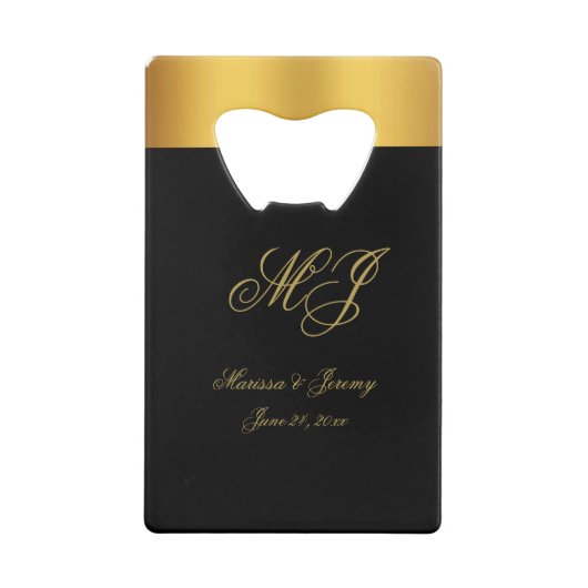 Chique Zwart Goud Monogram Script Bruiloft Kredietkaart Flessenopener (Achterkant)