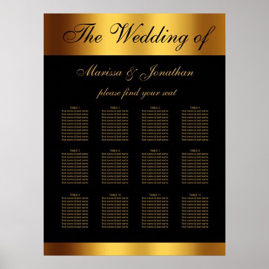 Chique Zwart Goud Script Border Bruiloft Zitting Poster (Voorkant)