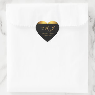 Chique Zwart Goud Script Monogram Bruiloft Hart Sticker