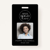 Chique Zwart Logo Foto QR Code Business ID Badge (Voorkant)