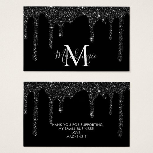 Chique Zwart Sparkle Glitter Drips Monogram Visitekaartje (Voorkant /achterkant)