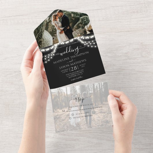 Chique Zwart String Lights Foto RSVP Bruiloft All In One Uitnodiging (Afscheurbaar)