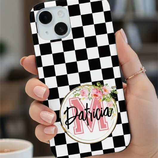 Chique zwart-wit geruit monogram roze bloem Case-Mate iPhone case