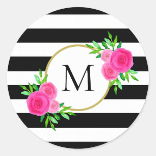 Chique Zwart Wit Gestreept Roze Bloemen Monogram Ronde Sticker