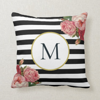 Chique zwart wit gestreepte retro bloemenmonogram kussen