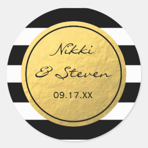 Chique zwart-wit gestreepte stickerlabel met goud ronde sticker