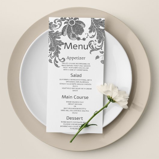 Chique zwart wit glitter bloemenkant Wedding Menu