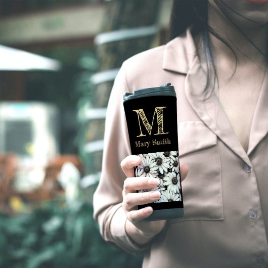 Chique zwart-wit monogram florale minimalist thermosbeker