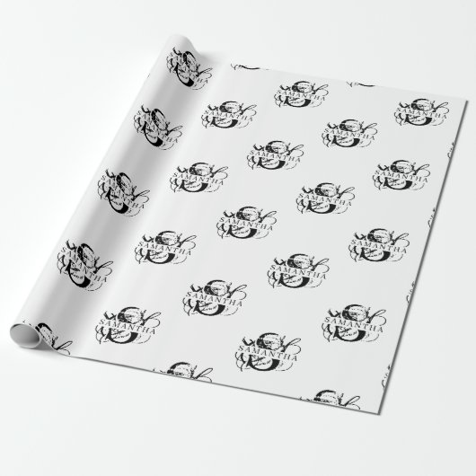 Chique Zwart & Wit Verdrietig Script Monogram Cadeaupapier (Uitgerold)