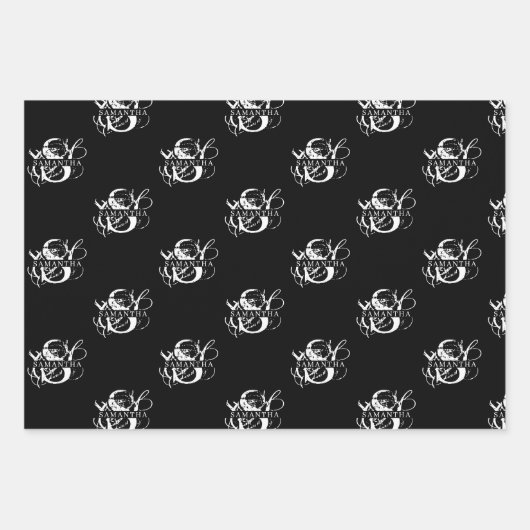 Chique Zwart & Wit Verdrietig Script Monogram Inpakpapier Vel (Voorkant 3)