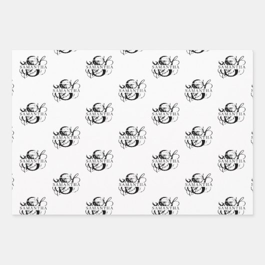 Chique Zwart & Wit Verdrietig Script Monogram Inpakpapier Vel (Voorkant 2)