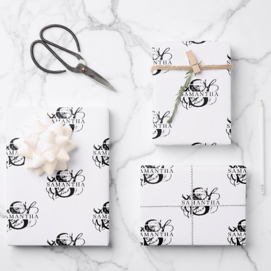 Chique Zwart & Wit Verdrietig Script Monogram Inpakpapier Vel (Voorkant)