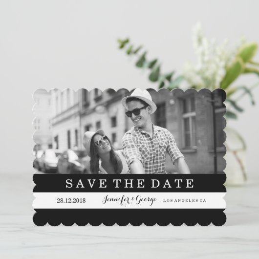 CHIQUE ZWART-WITTE STREPEN BEWAAR DE DATUM SAVE THE DATE (Staand voorkant)