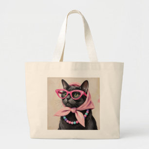 Chique Zwarte Kat in Roze Babushka Sjaal Retro Grote Tote Bag