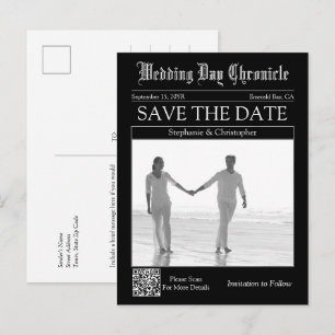Chique Zwarte QR Code Krant Huwelijk Save the Date Briefkaart