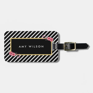 Chique zwarte strepen Waterverf bloemenzak Label Bagagelabel