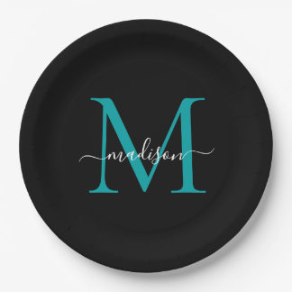 Chique Zwarte Teal Groene Monogram Moderne Script Papieren Bordje