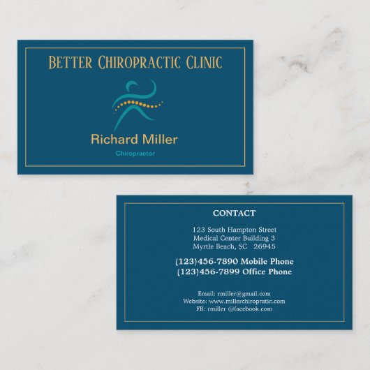 Chiropractor Carte de visite d'or bleu (Devant / Derrière)